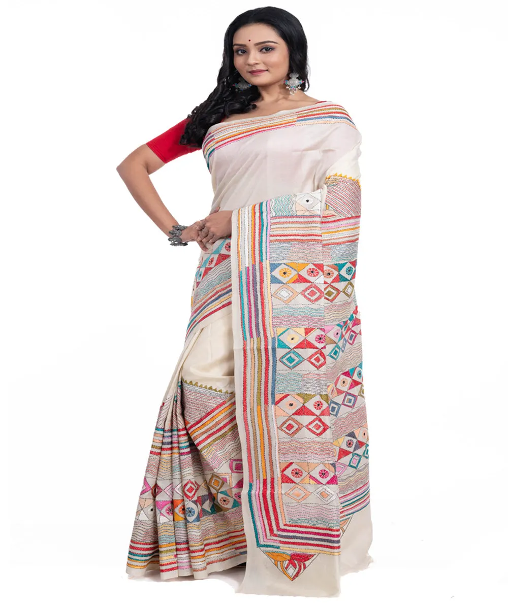 Offwhite floral handwoven tussar silk kantha stitch saree