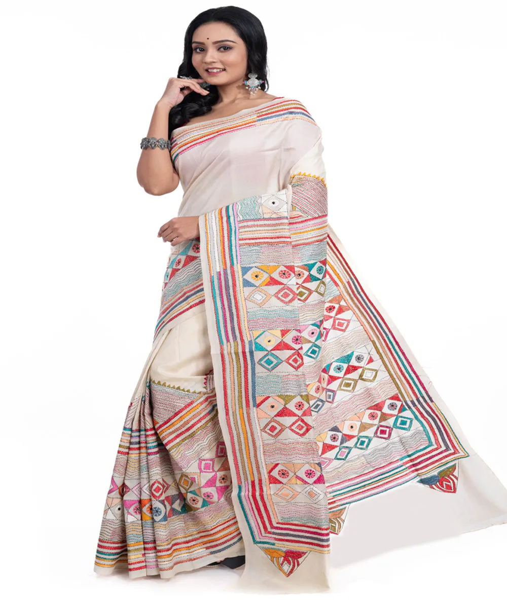 Offwhite floral handwoven tussar silk kantha stitch saree