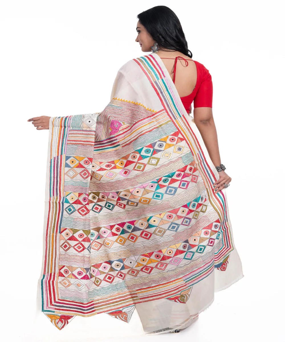 Offwhite floral handwoven tussar silk kantha stitch saree