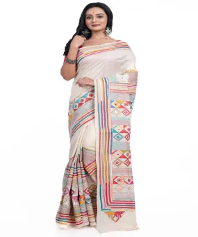 Offwhite floral handwoven tussar silk kantha stitch saree