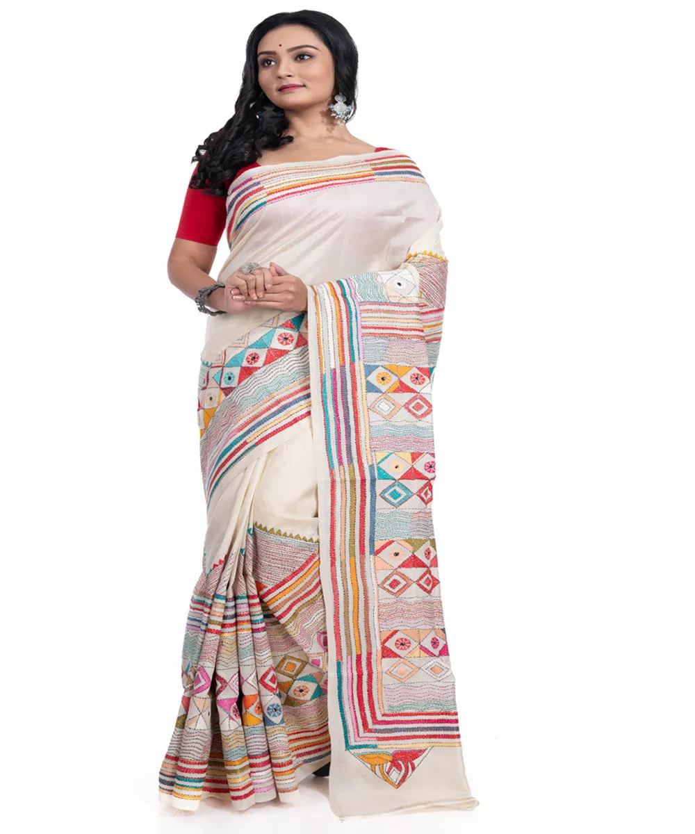 Offwhite floral handwoven tussar silk kantha stitch saree