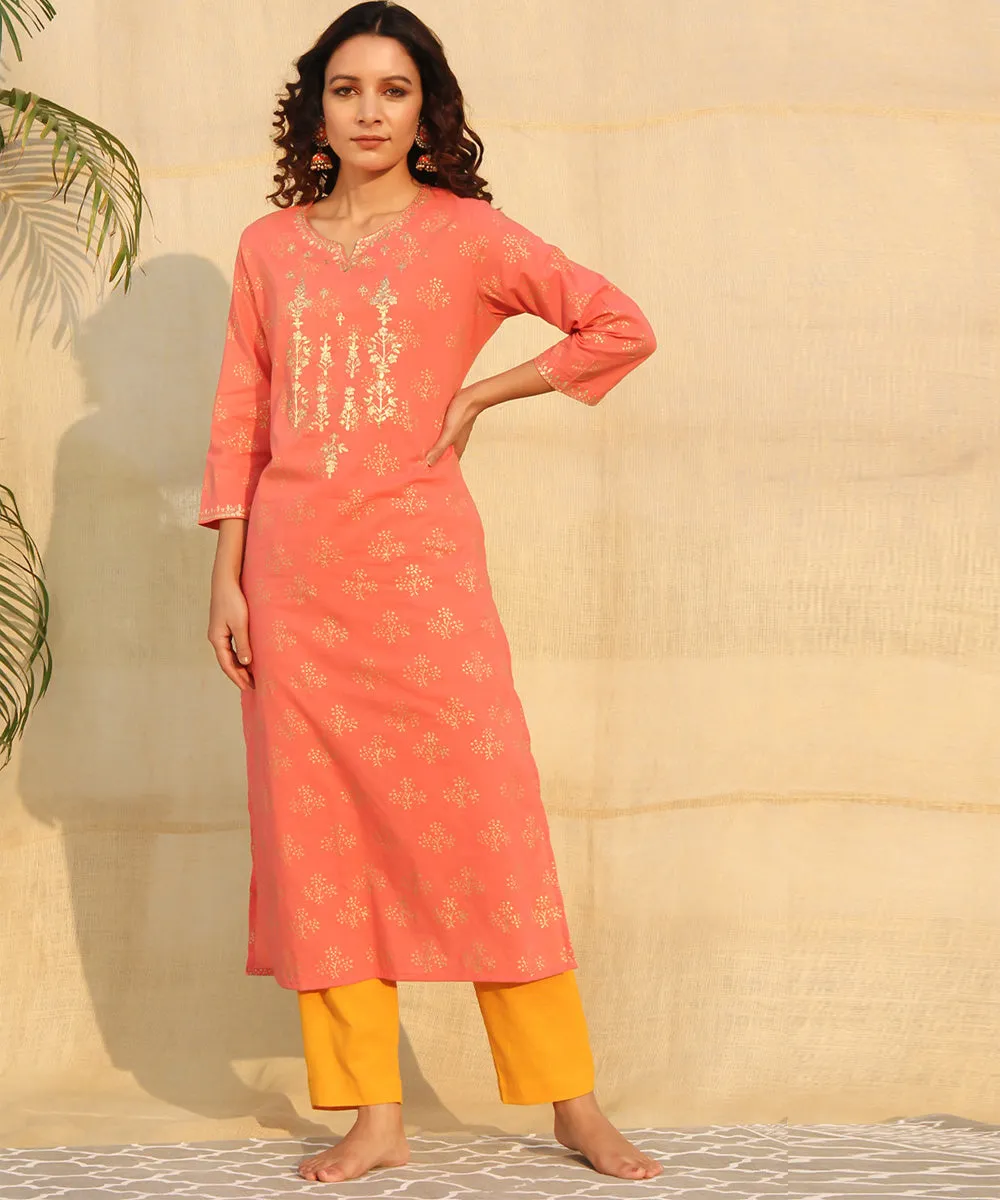 Orange yellow pittan work handblock printed kurta set of-2