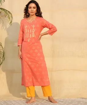 Orange yellow pittan work handblock printed kurta set of-2