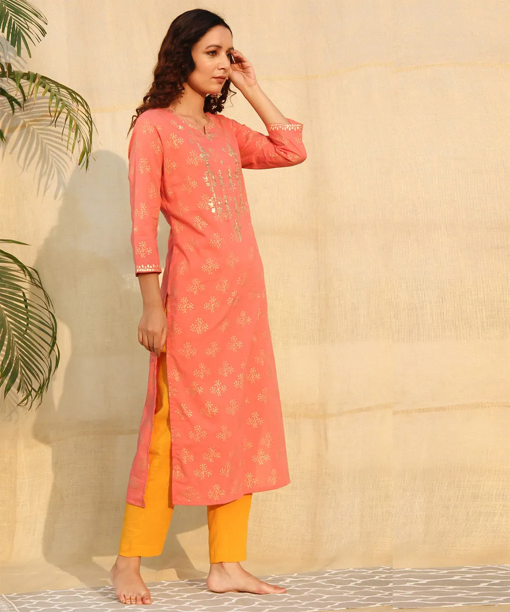 Orange yellow pittan work handblock printed kurta set of-2