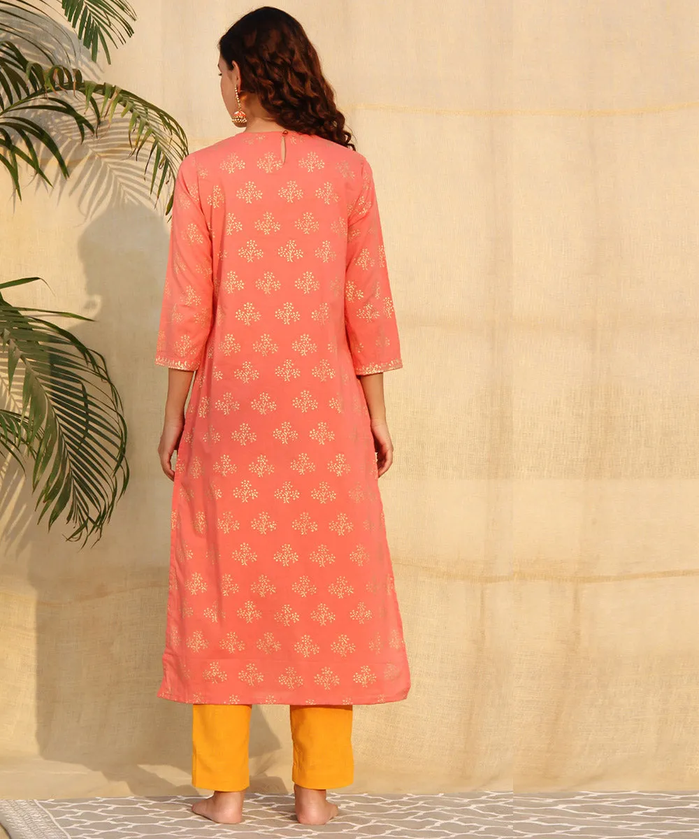 Orange yellow pittan work handblock printed kurta set of-2