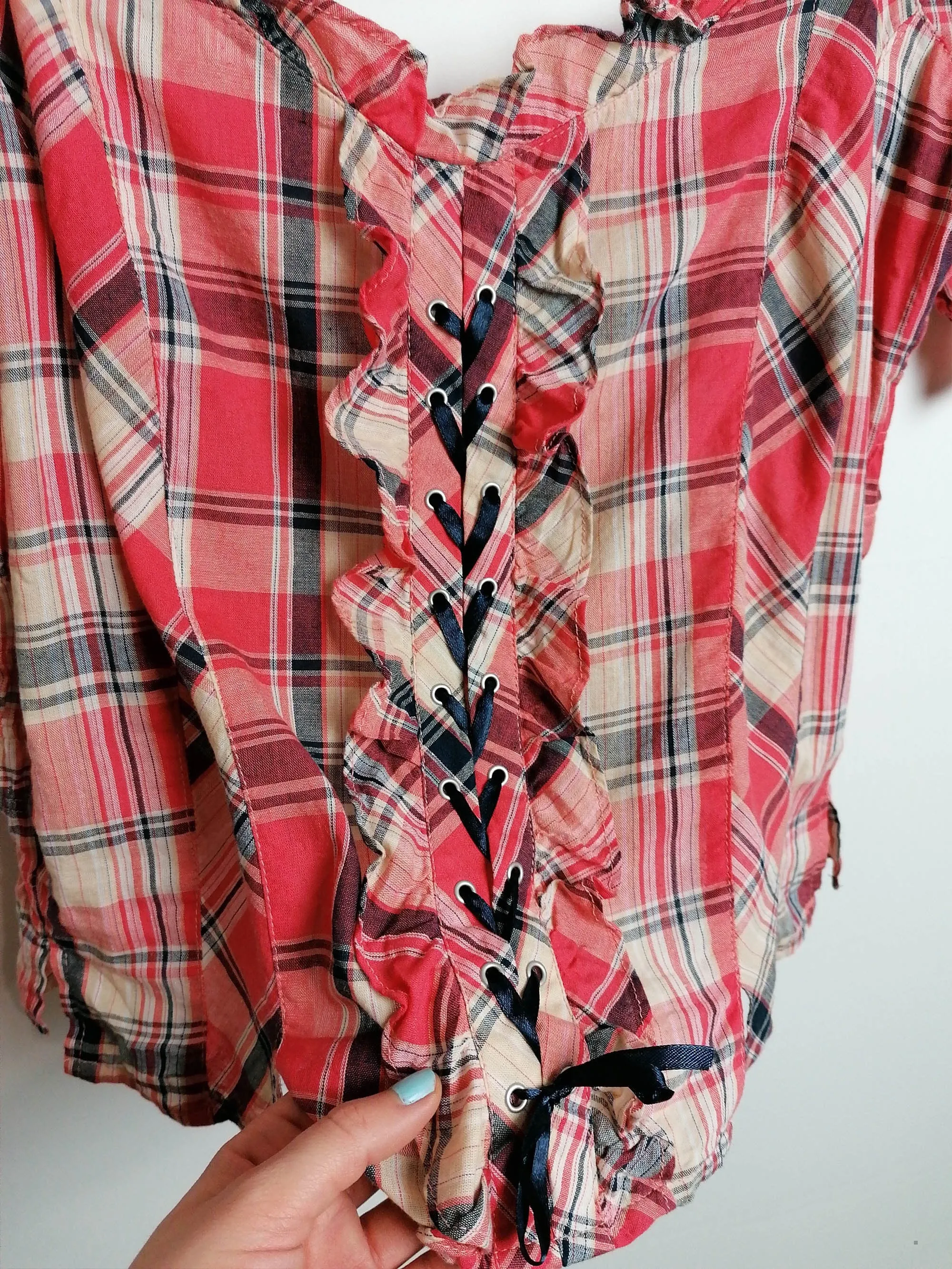 Peasant Style Puffy Blouse Plaid Check Pattern - size L