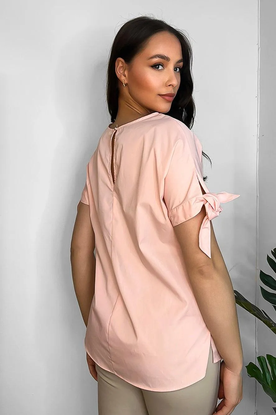 Pink Short Sleeve WIth Ties Cotton Blend Blouse