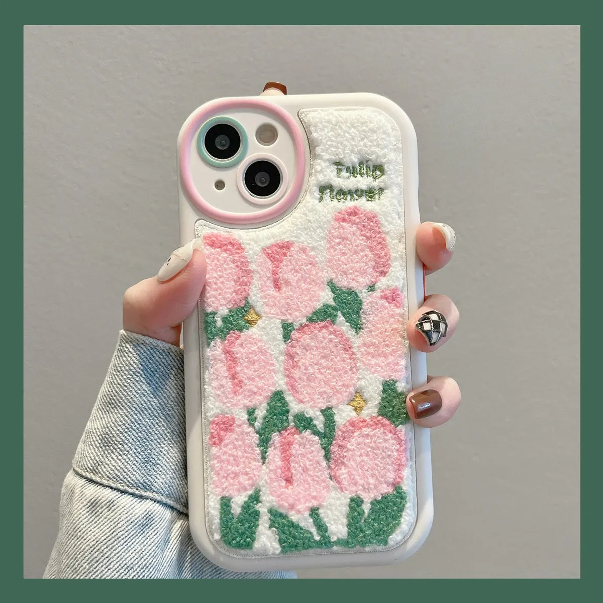 Plush embroidered tulip phone case