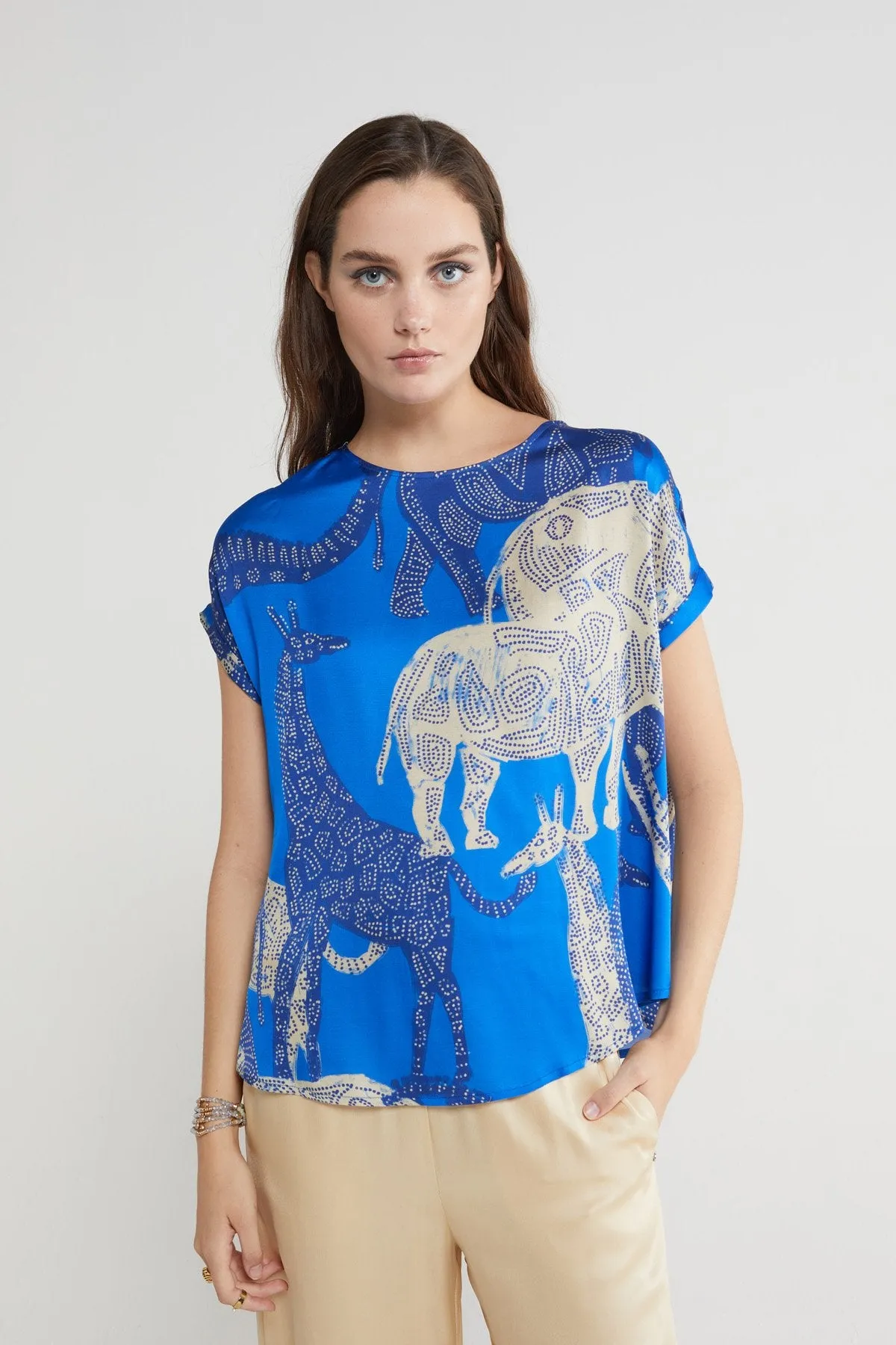 Printed Short Sleeve Blouse in blue by Ottod'ame