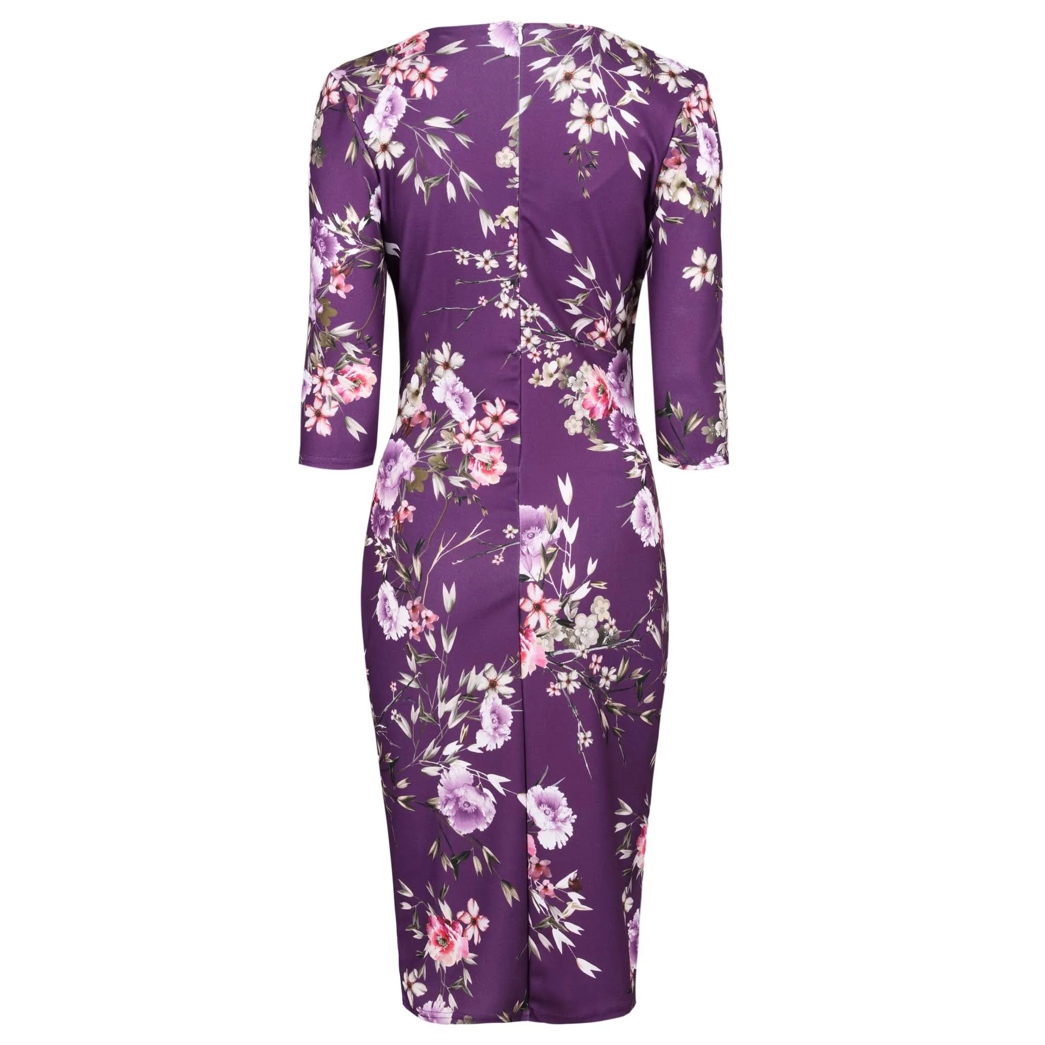 Purple Floral Print 40s 3/4 Sleeve Wiggle Wrap Dress