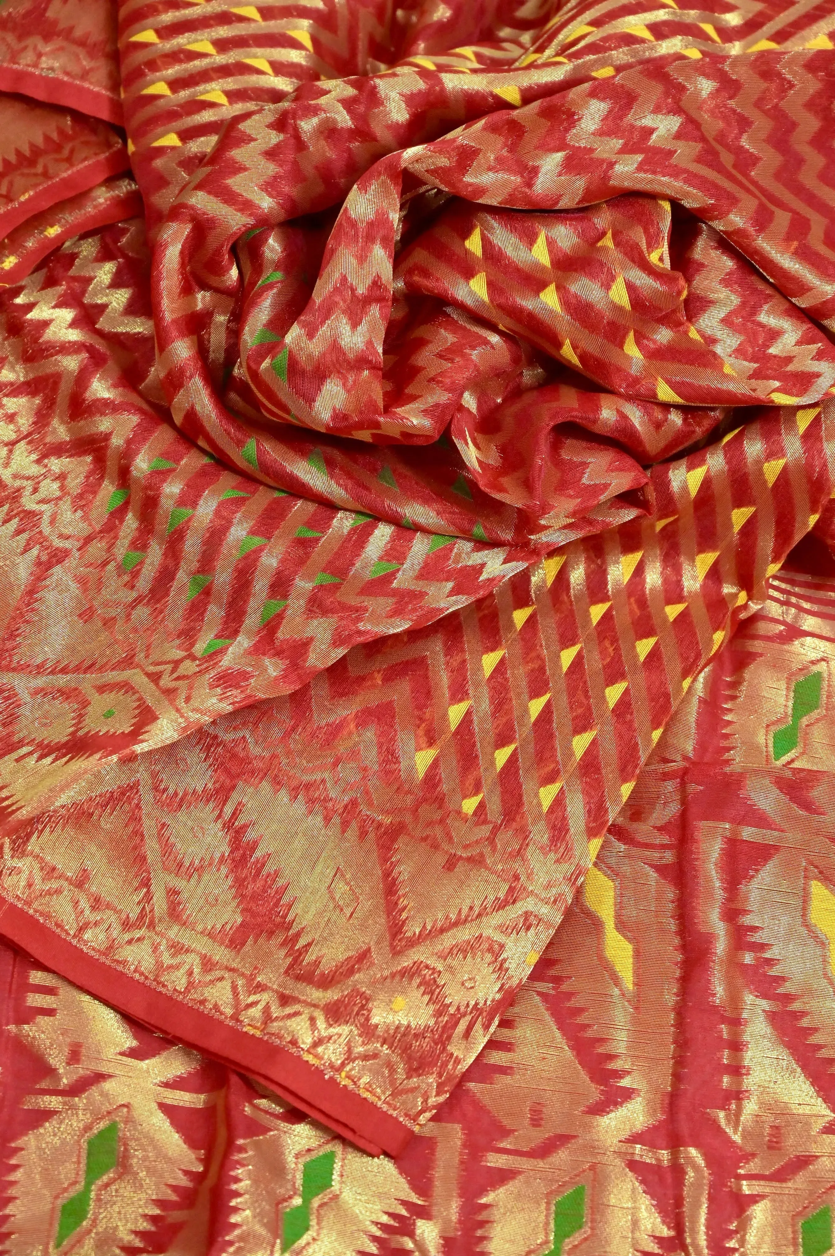 Red and Golden Color Soft Jamdani Saree with Allover Zari Weaving