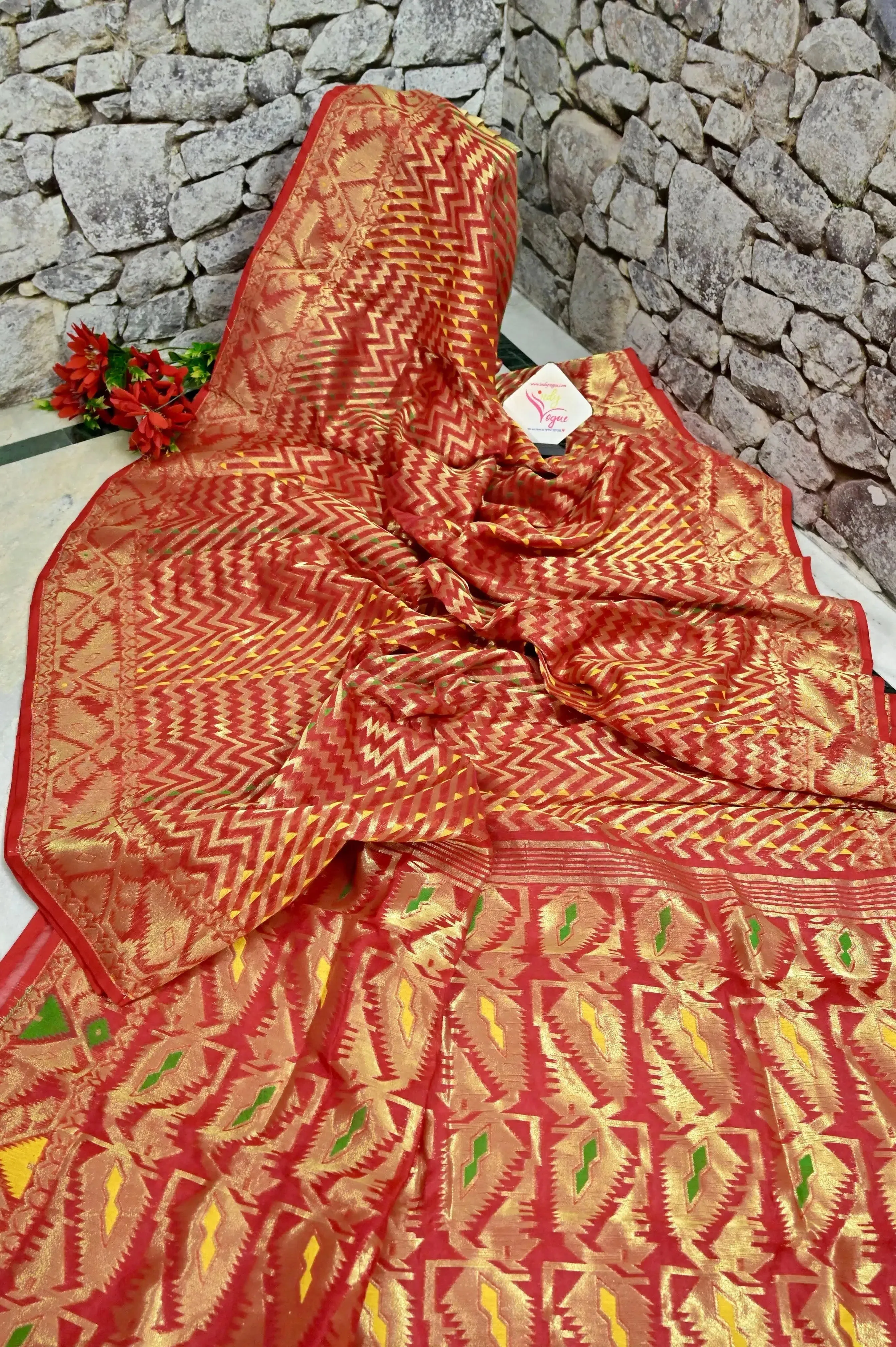 Red and Golden Color Soft Jamdani Saree with Allover Zari Weaving