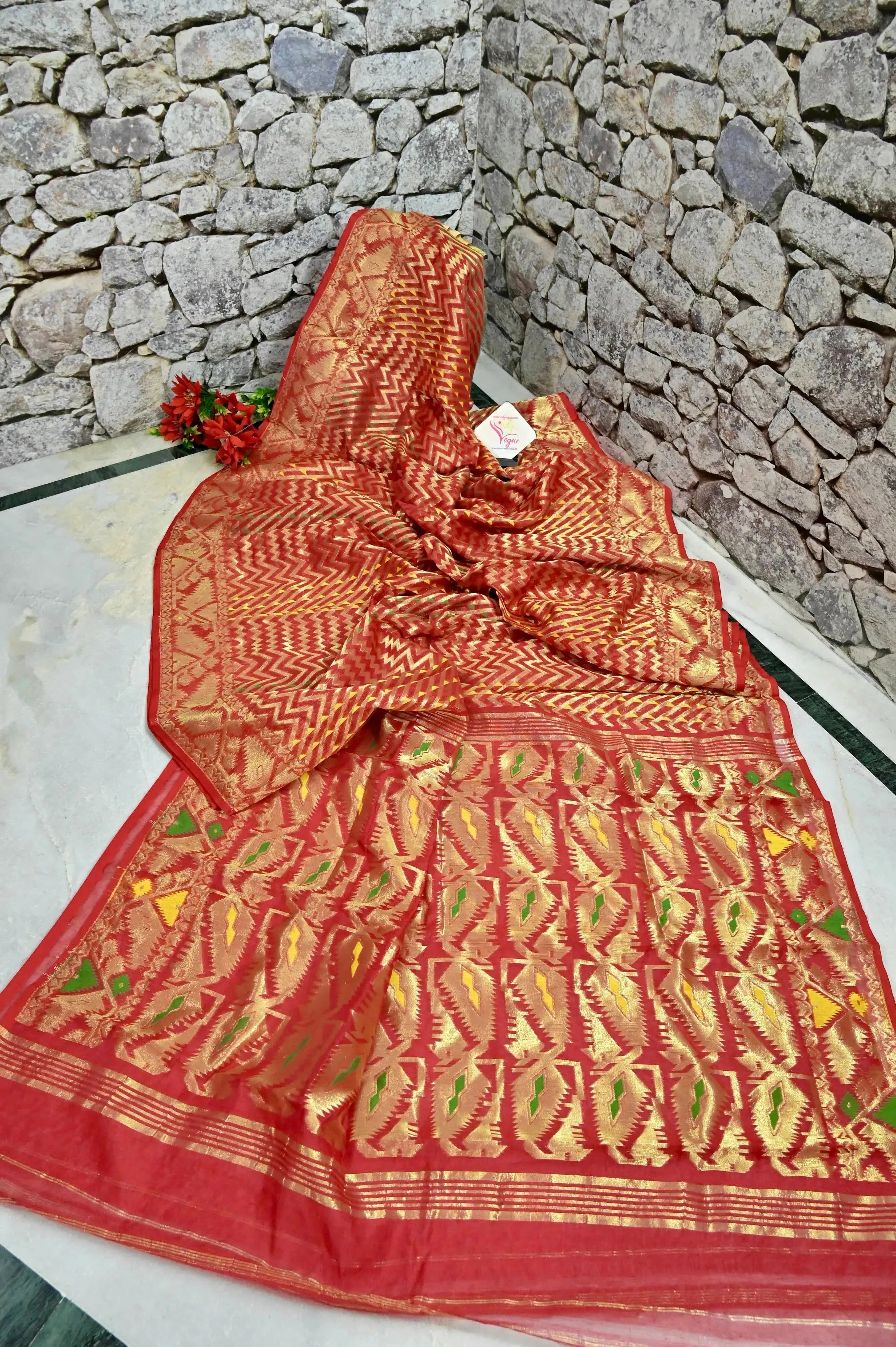 Red and Golden Color Soft Jamdani Saree with Allover Zari Weaving