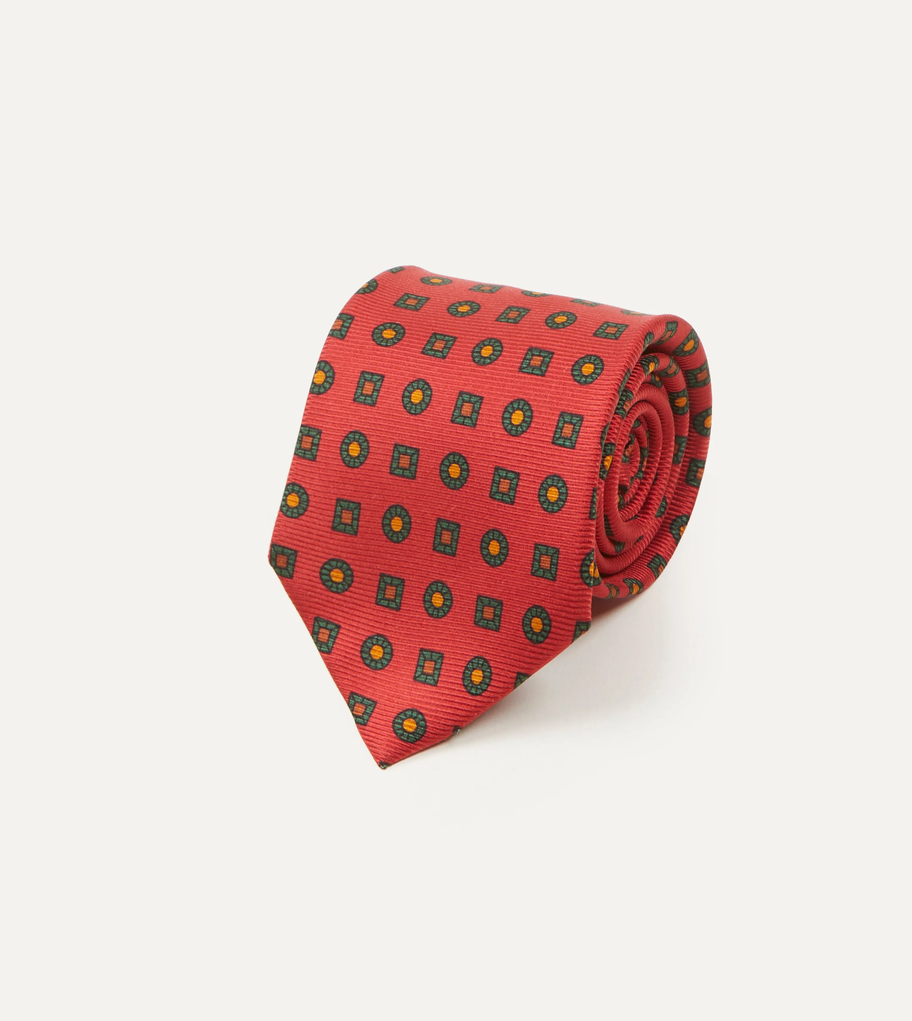 Red and Green Geometric Medallion Print Madder Twill Silk Tie