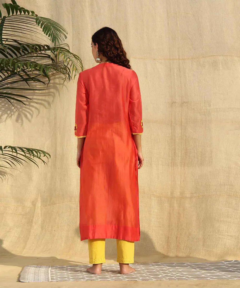 Red yellow hand embroidered chanderi silk kurta set of -3