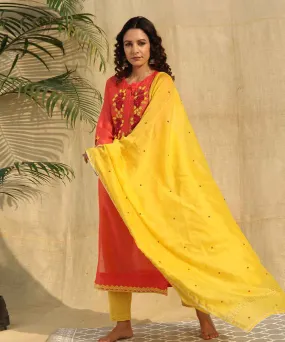 Red yellow hand embroidered chanderi silk kurta set of -3