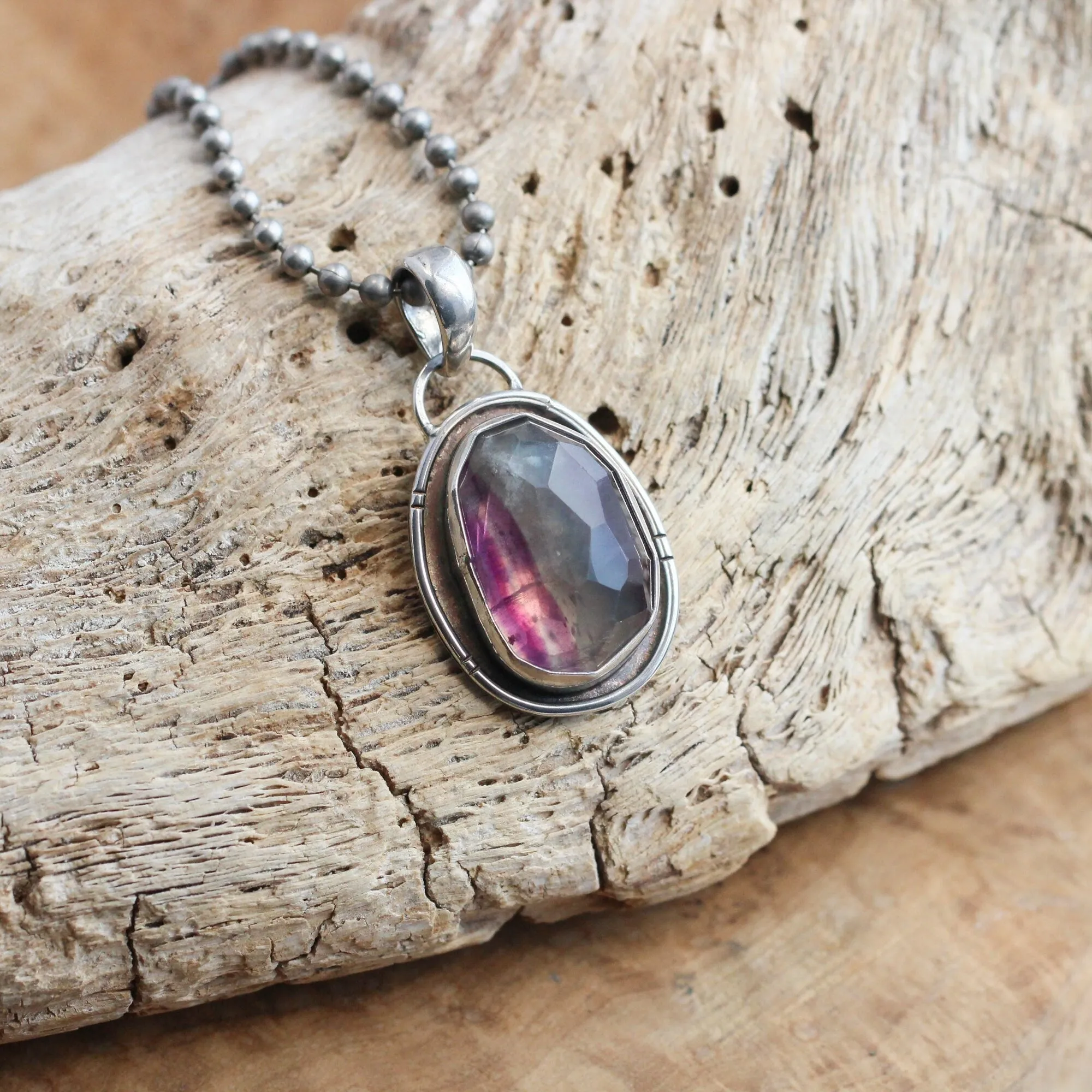 Rose Cut Rainbow Fluorite Pendant - Silversmith - Purple and Green Fluorite Pendant