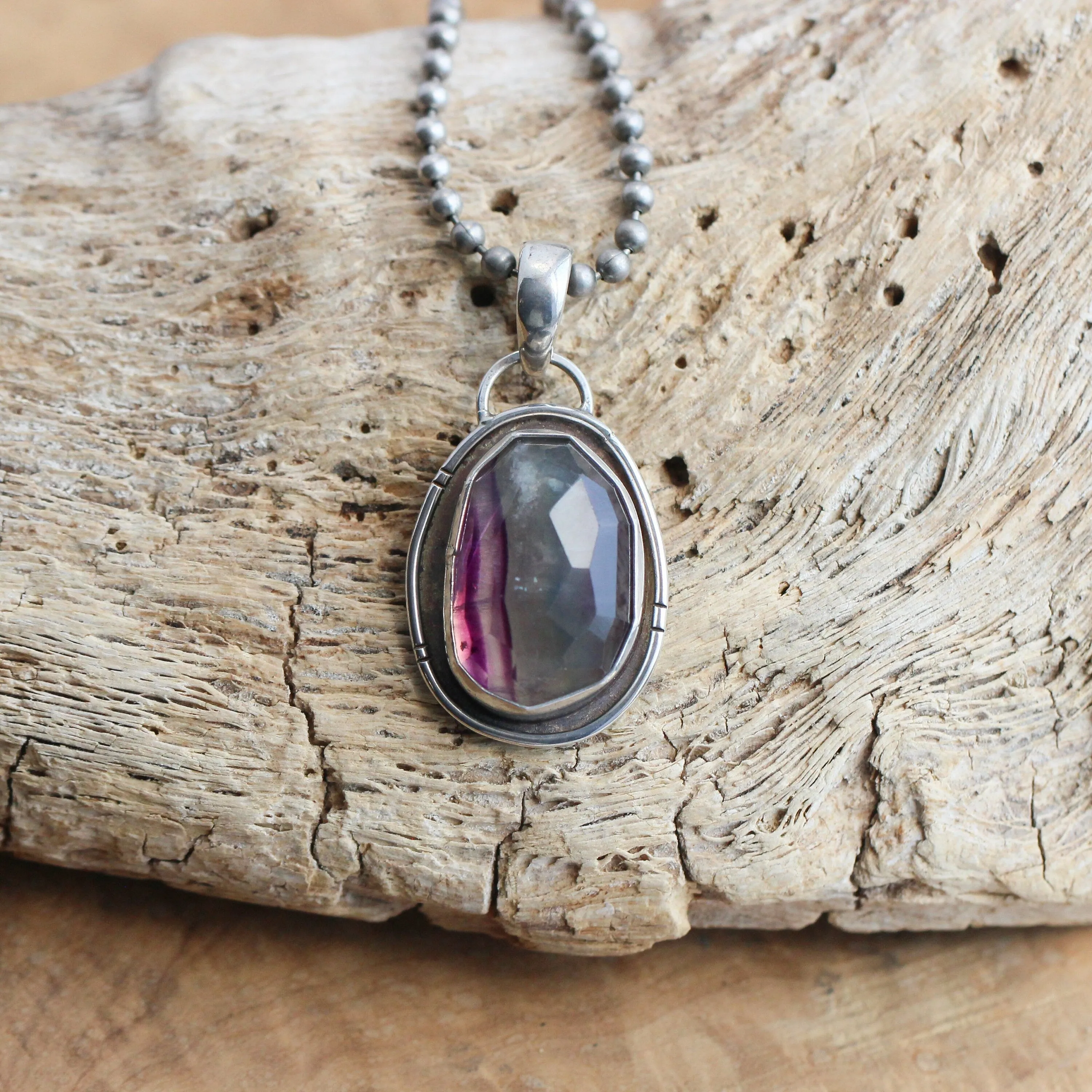 Rose Cut Rainbow Fluorite Pendant - Silversmith - Purple and Green Fluorite Pendant