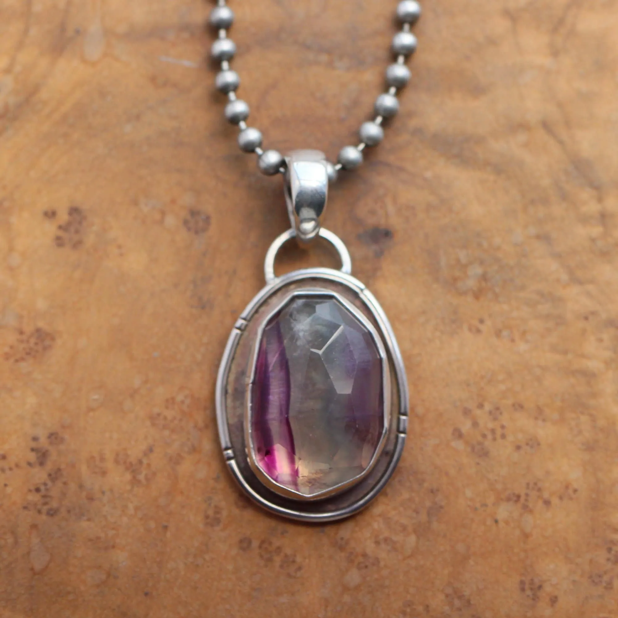 Rose Cut Rainbow Fluorite Pendant - Silversmith - Purple and Green Fluorite Pendant