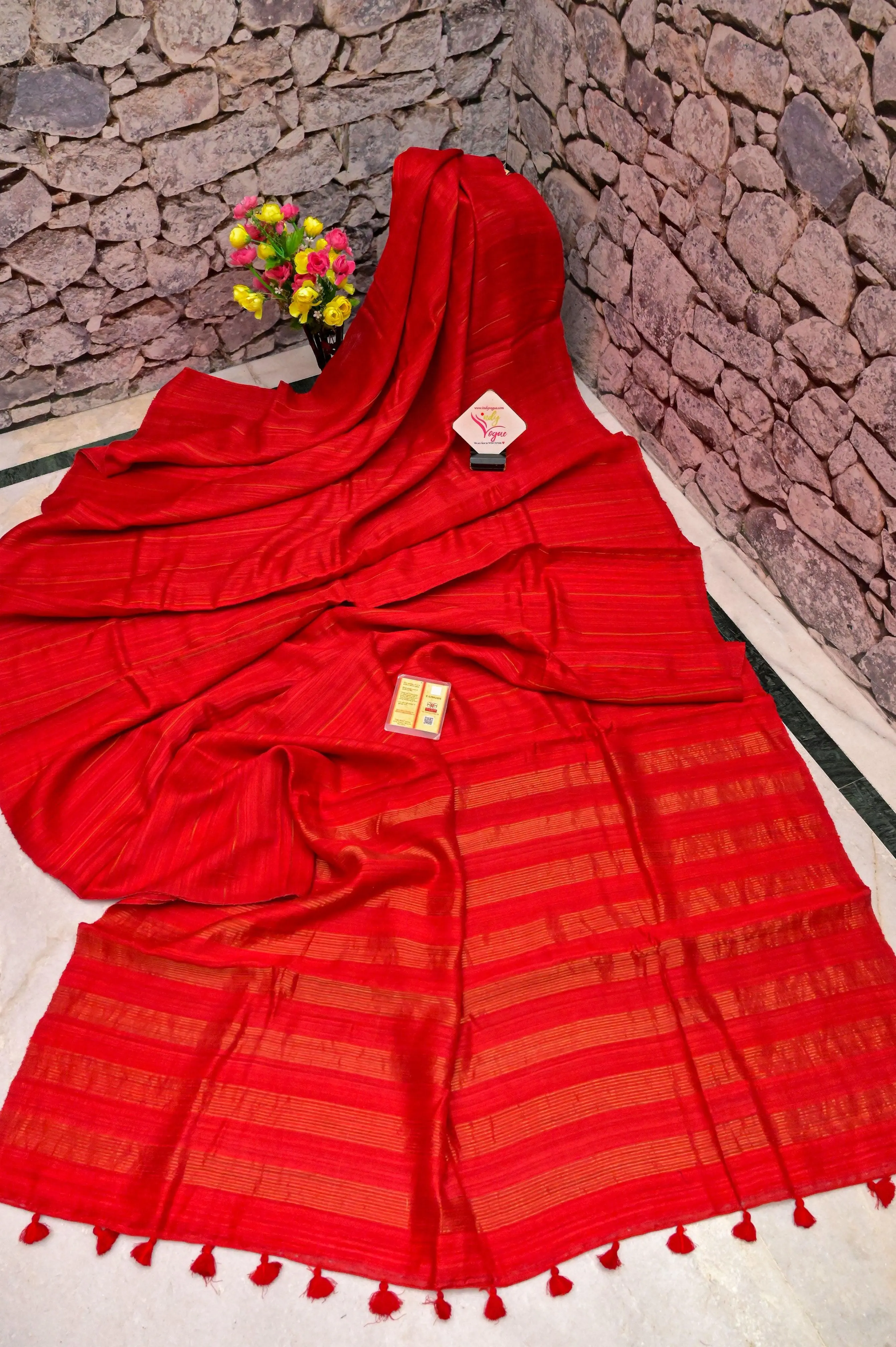 Royal Red Color Matka Silk Saree with Zari Work Stripes