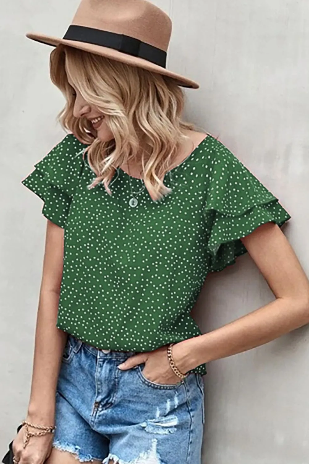 Ruffled Polka Dot Round Neck Short Sleeve Blouse