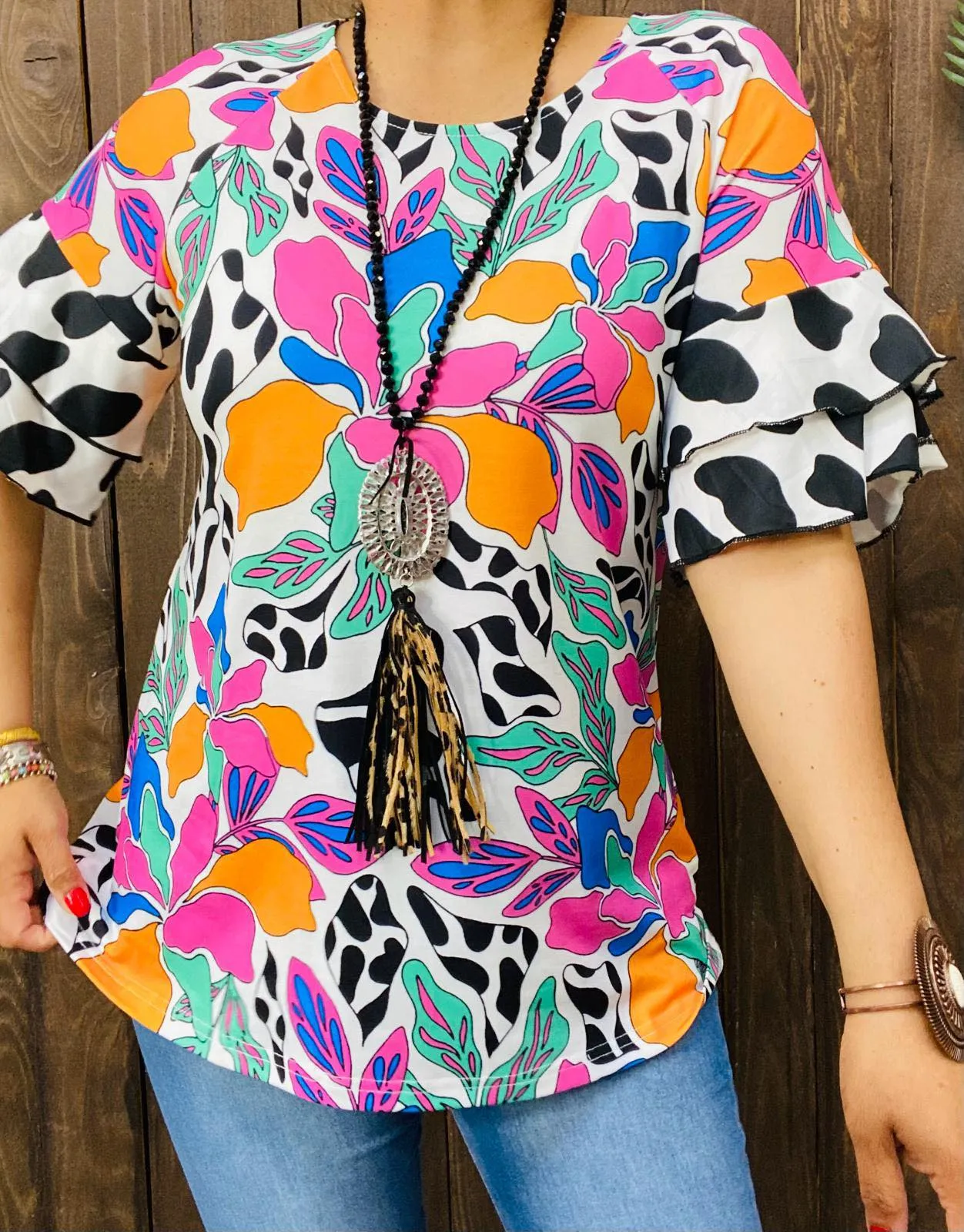 S, BEAUTIFUL Multi Print Bell Sleeve Blouse