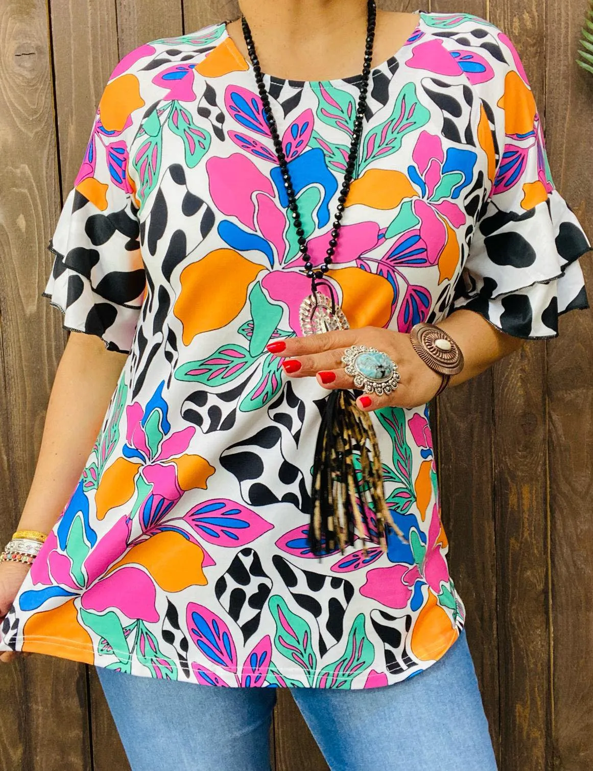 S, BEAUTIFUL Multi Print Bell Sleeve Blouse