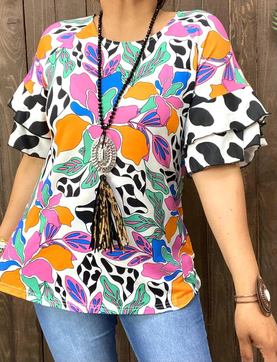 S, BEAUTIFUL Multi Print Bell Sleeve Blouse