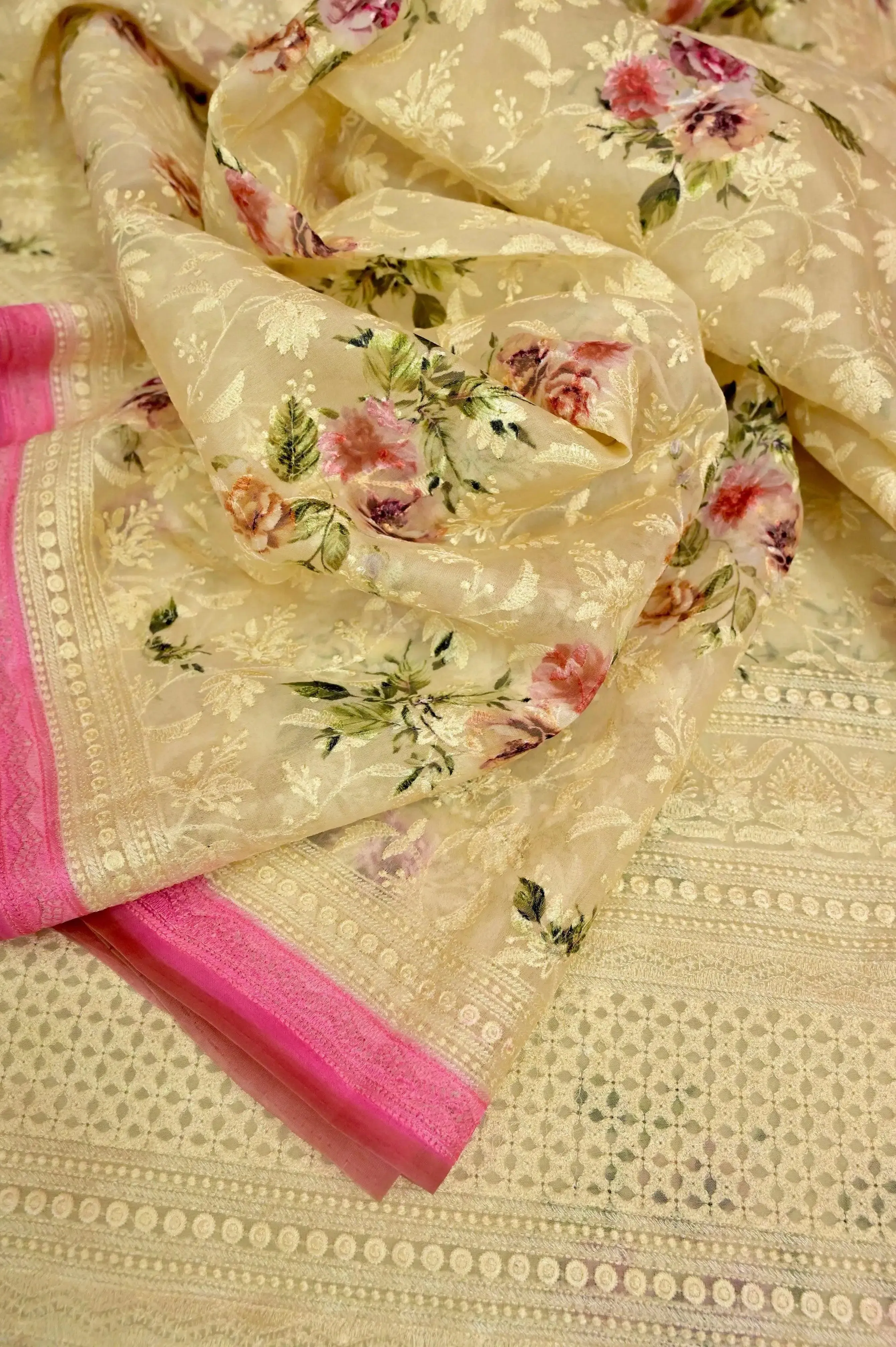 Sandal and Pink Color Organza Saree with Digital Print and Chikankari Embroidery