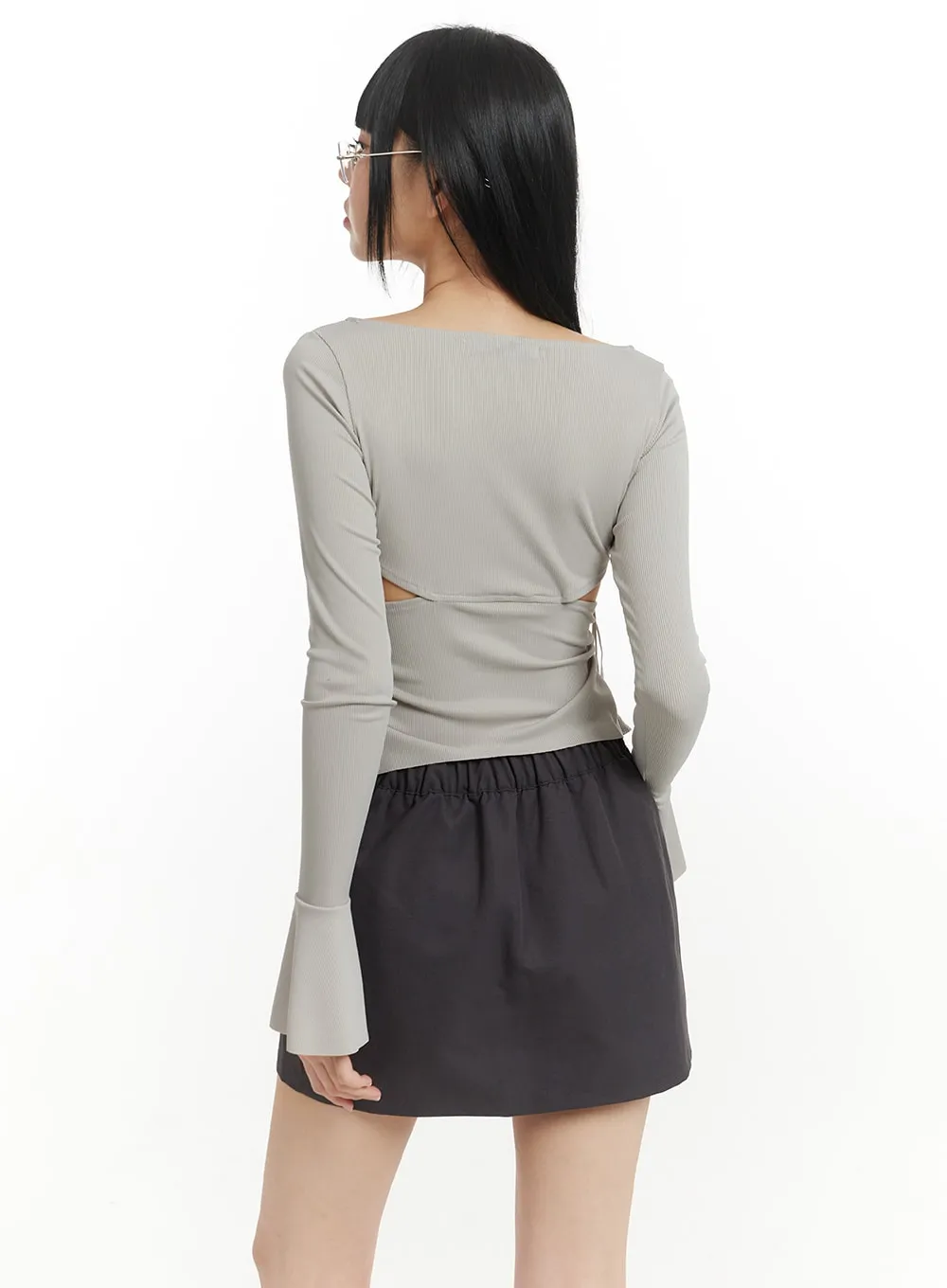 Semi-Ruched Cut Out Knotted Long Sleeve Blouse IM406