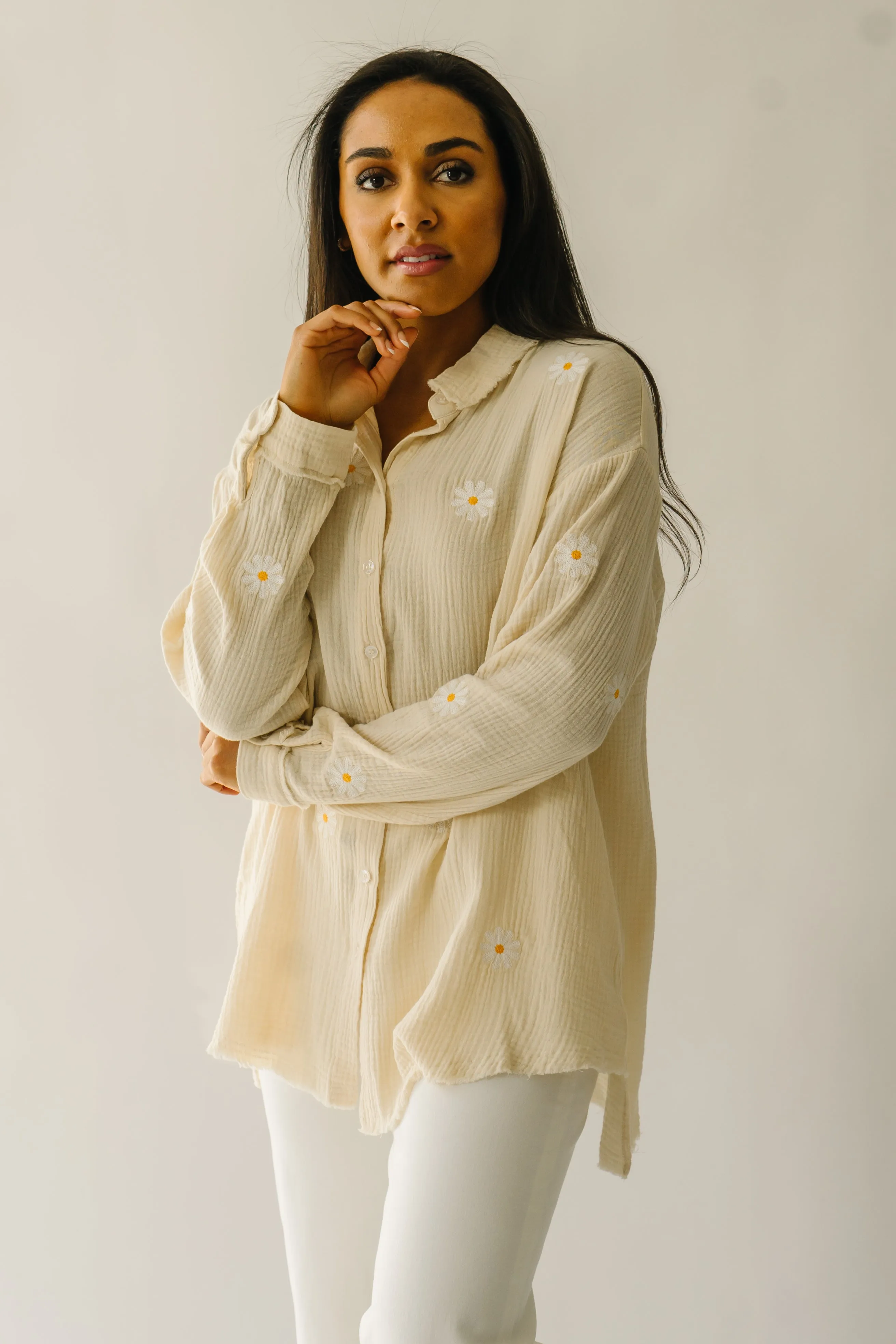 The Baytown Daisy Embroidered Blouse in Taupe