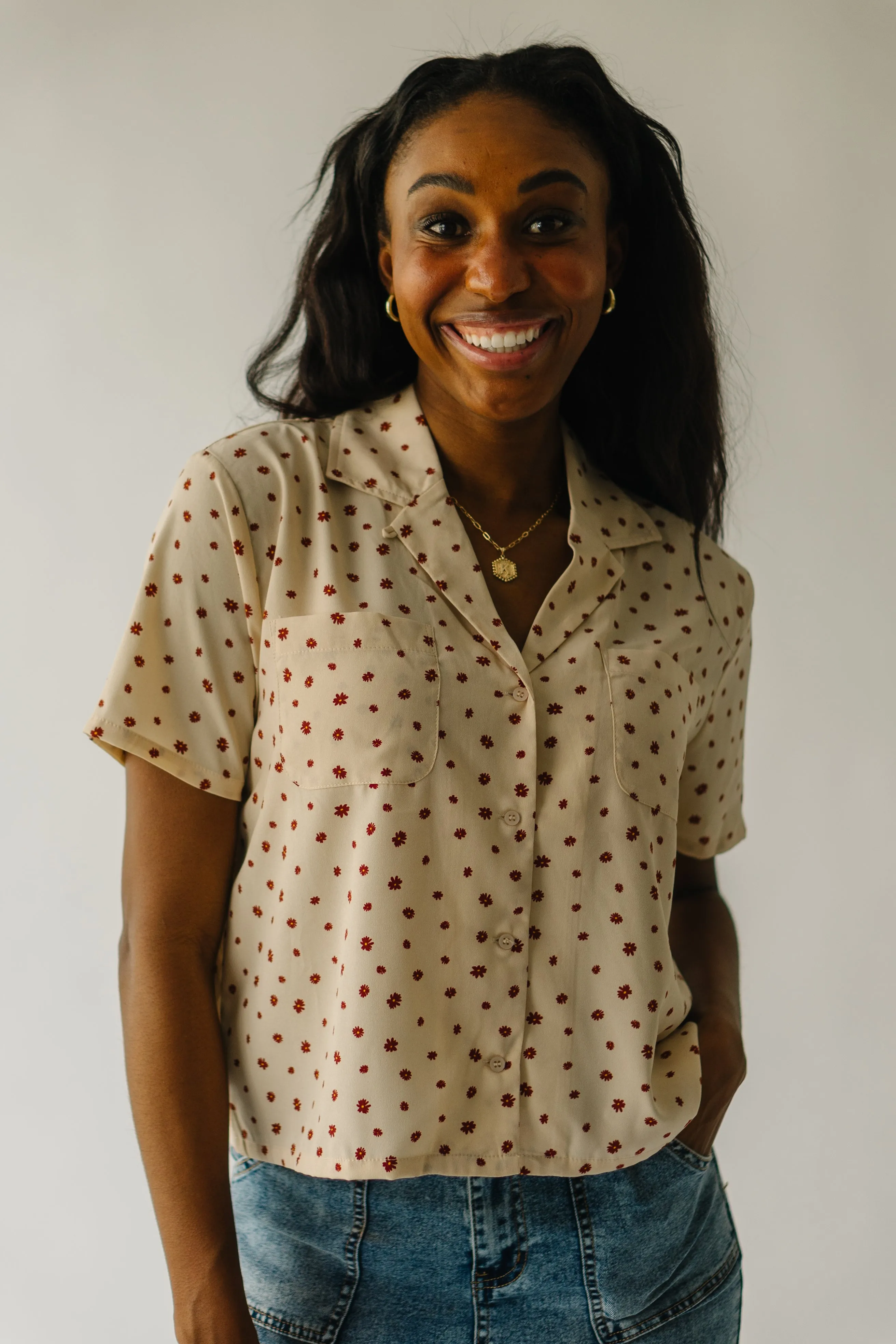 The Cantril Floral Patterned Button-Up Blouse in Light Taupe