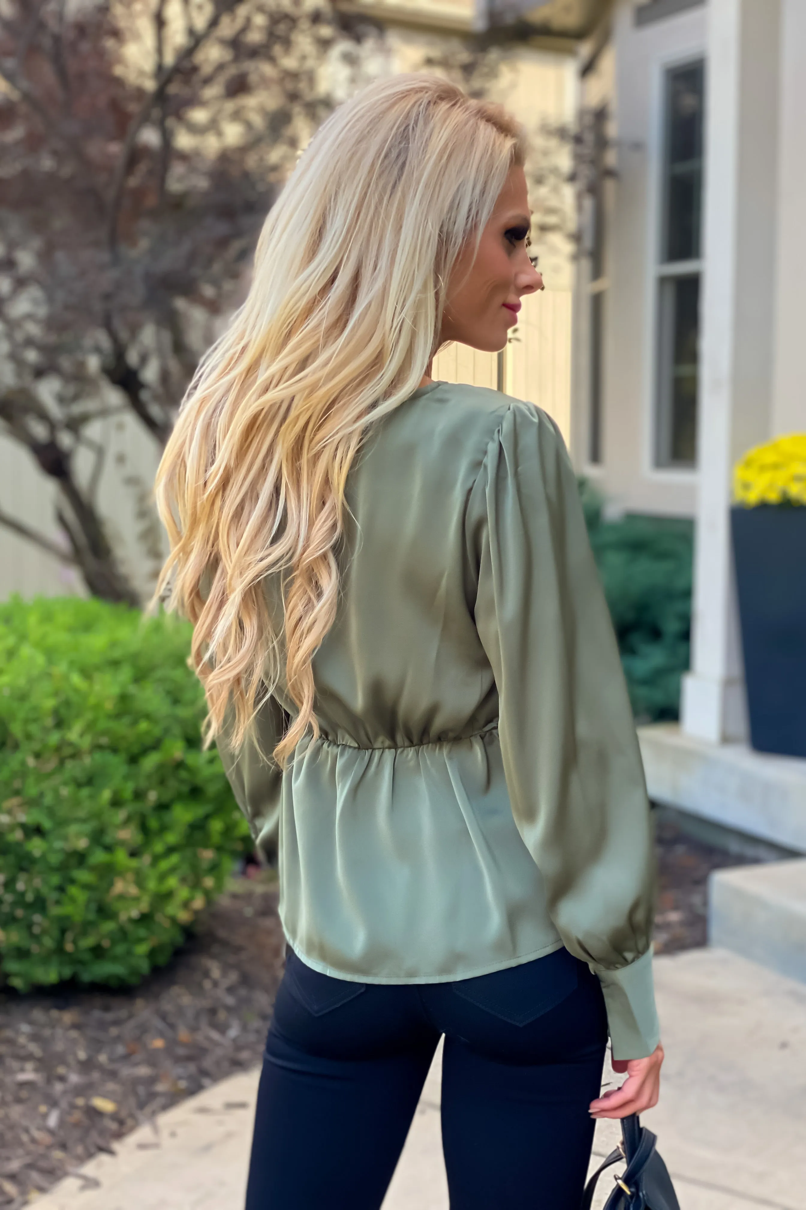 The Night Before Front Twist Satin Blouse : Olive