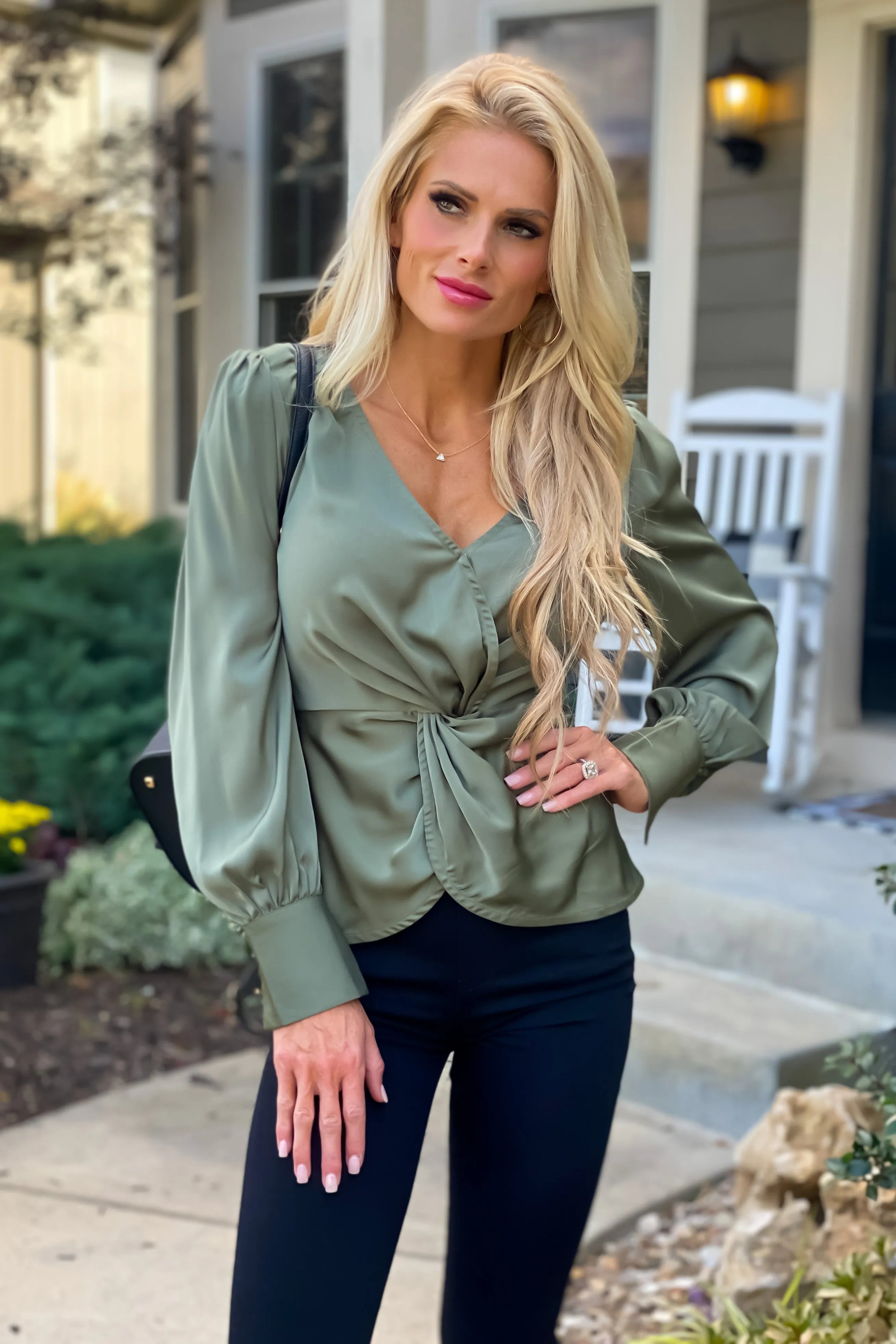 The Night Before Front Twist Satin Blouse : Olive