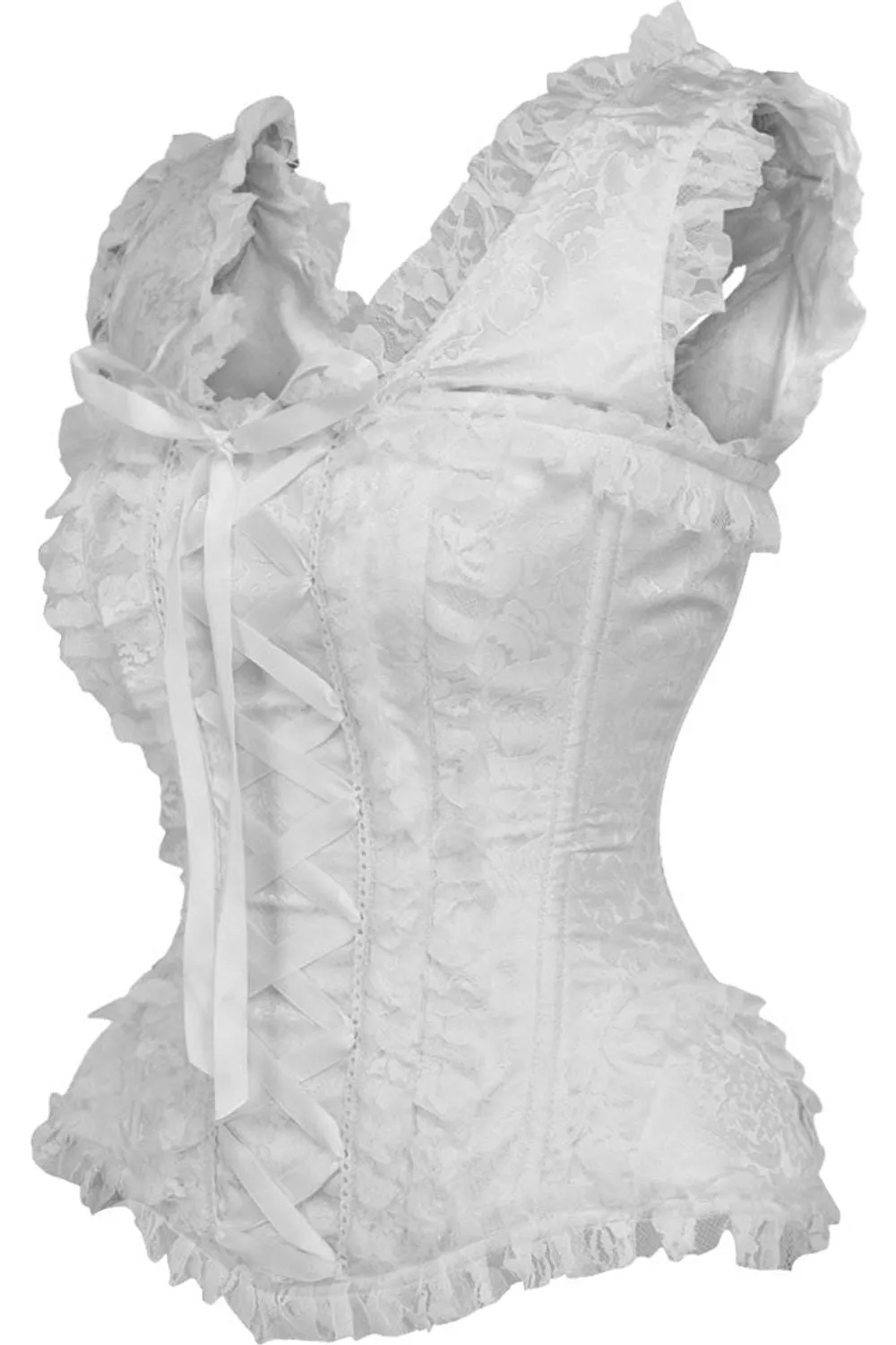 Top Drawer White Brocade & Lace Steel Boned Corset w/Cap Sleeves