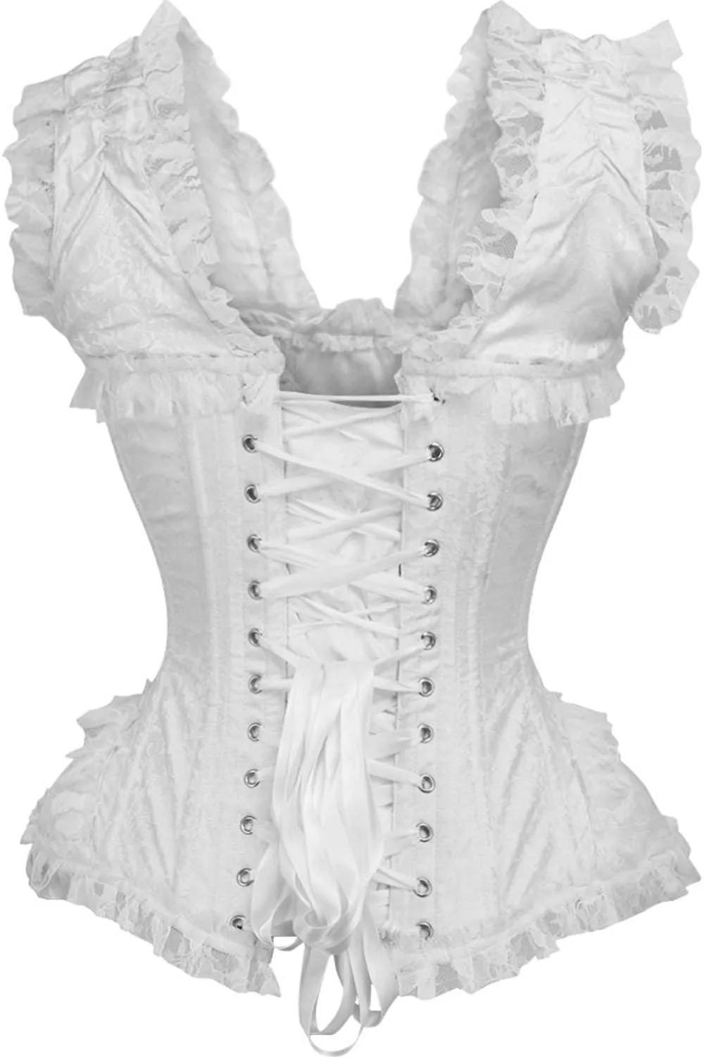 Top Drawer White Brocade & Lace Steel Boned Corset w/Cap Sleeves