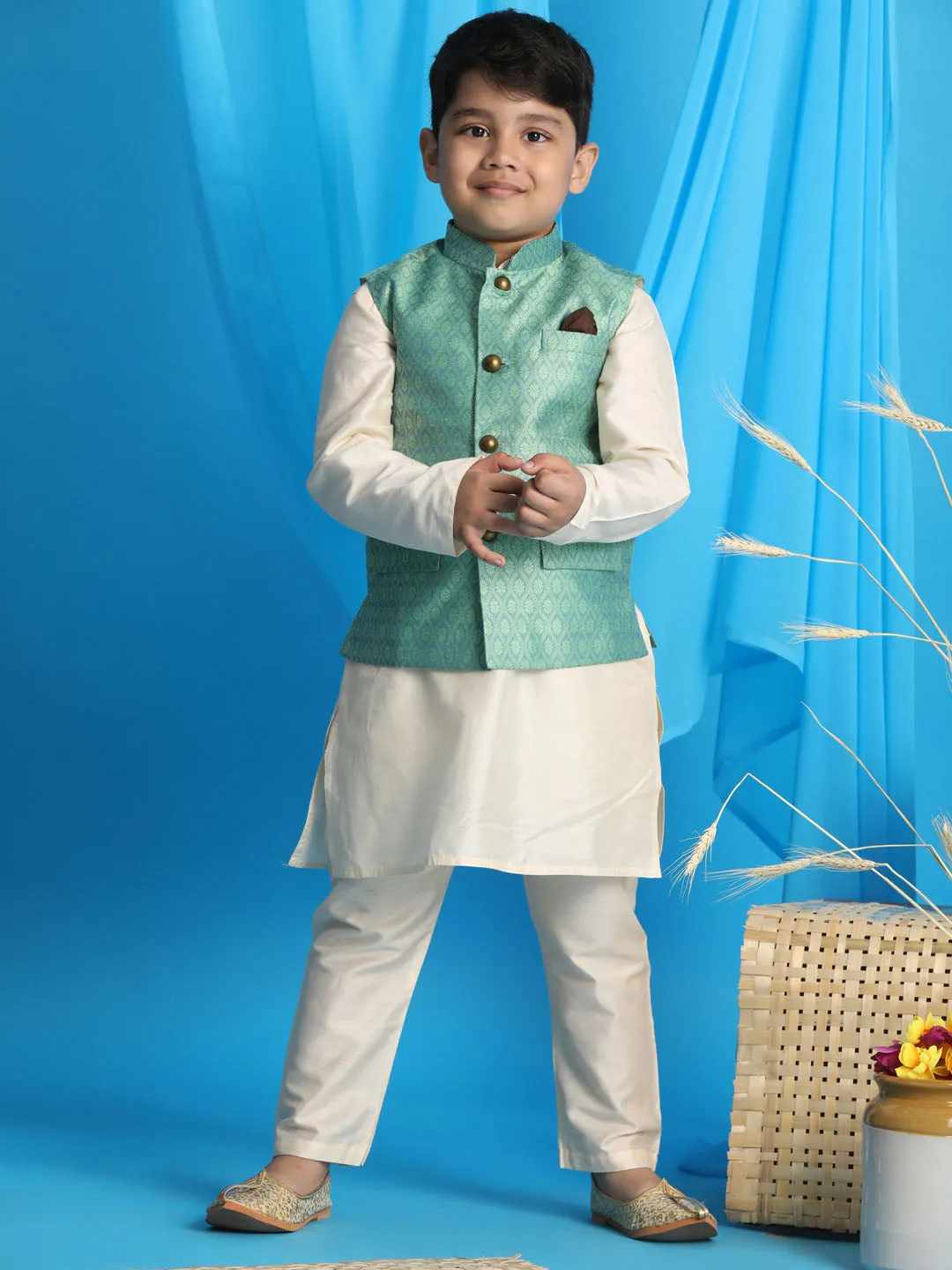 VASTRAMAY Boy's Light Green Woven Jacket With Cream Kurta and Pyjama Set