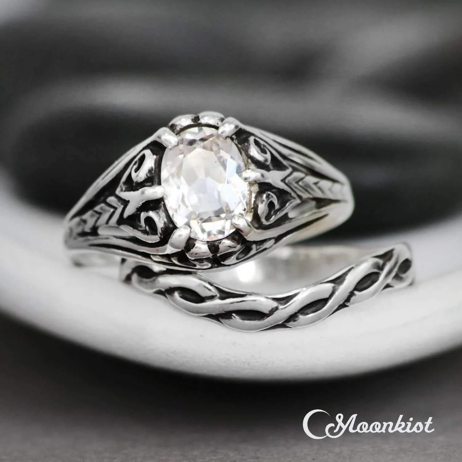 Victorian Oval Engagement Ring and Curved Wedding Band Set | Moonkist Designs