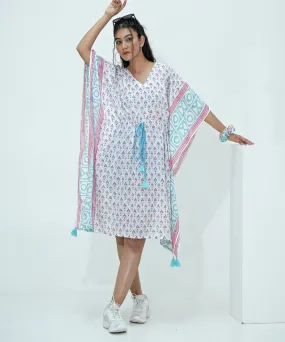 White blue handblock printed modal kaftan