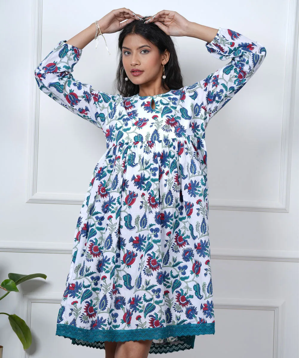 White purple floral handblock printed cotton dress