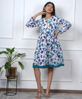 White purple floral handblock printed cotton dress