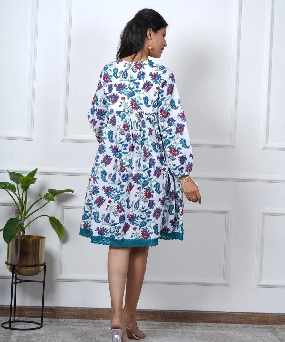 White purple floral handblock printed cotton dress