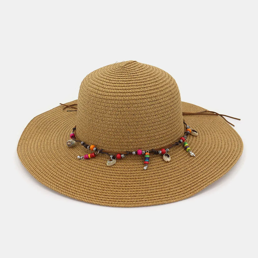 Women Sunscreen Vacation Beach Sun Hat Foldable Stylish Wild Brim Trinket Chain Decoration Straw Hat