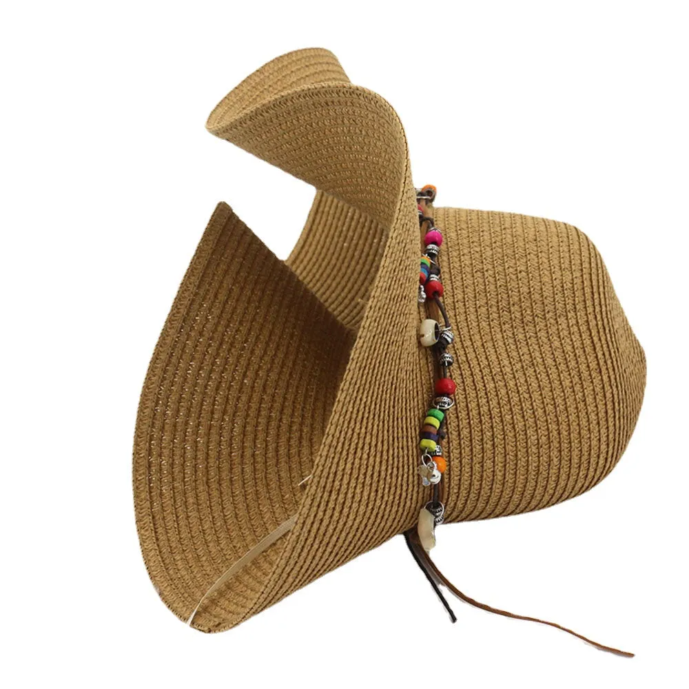 Women Sunscreen Vacation Beach Sun Hat Foldable Stylish Wild Brim Trinket Chain Decoration Straw Hat