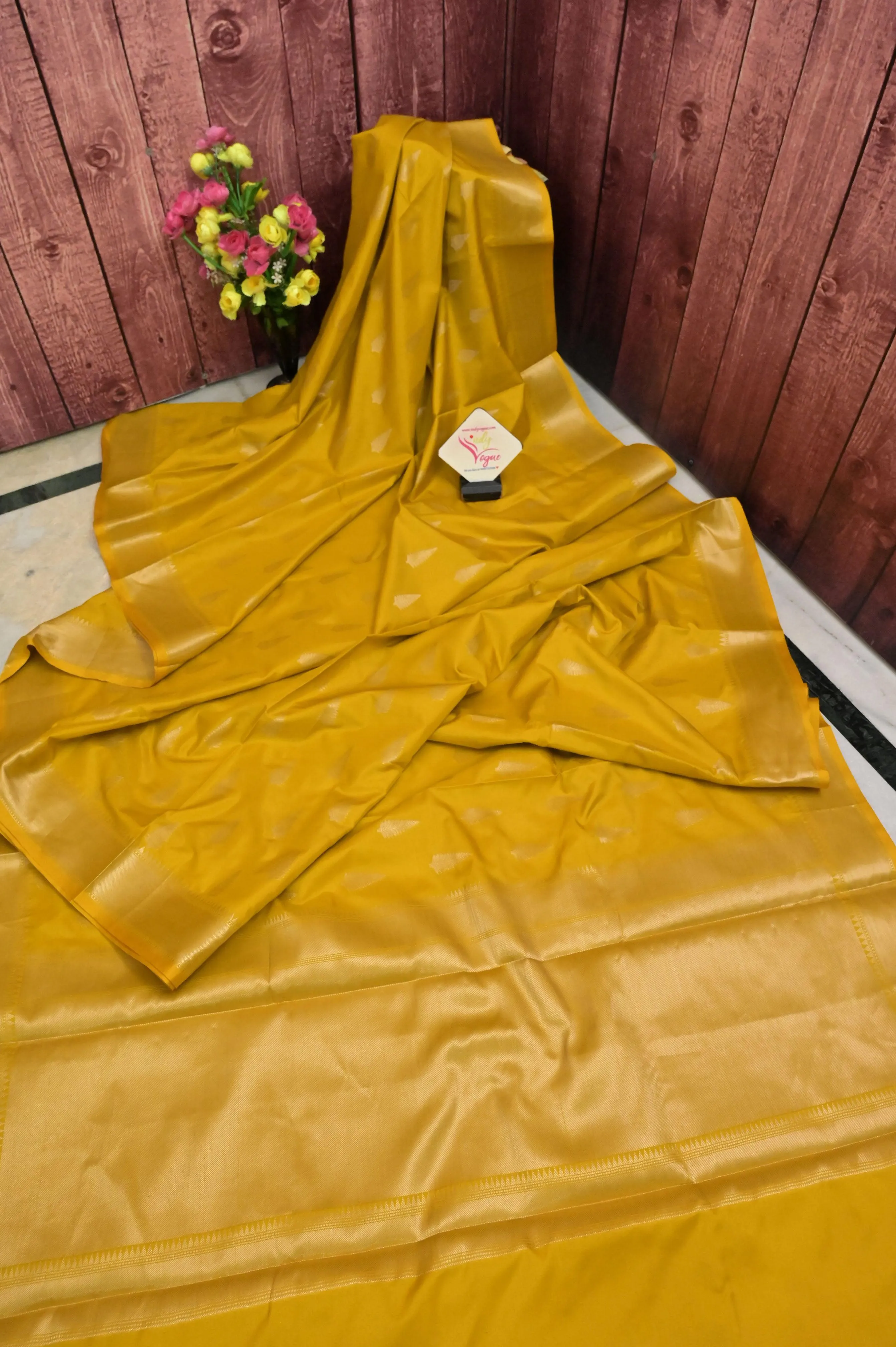 Yellow Color Chanderi Silk Banarasi Saree with Zari Border and Buti Work