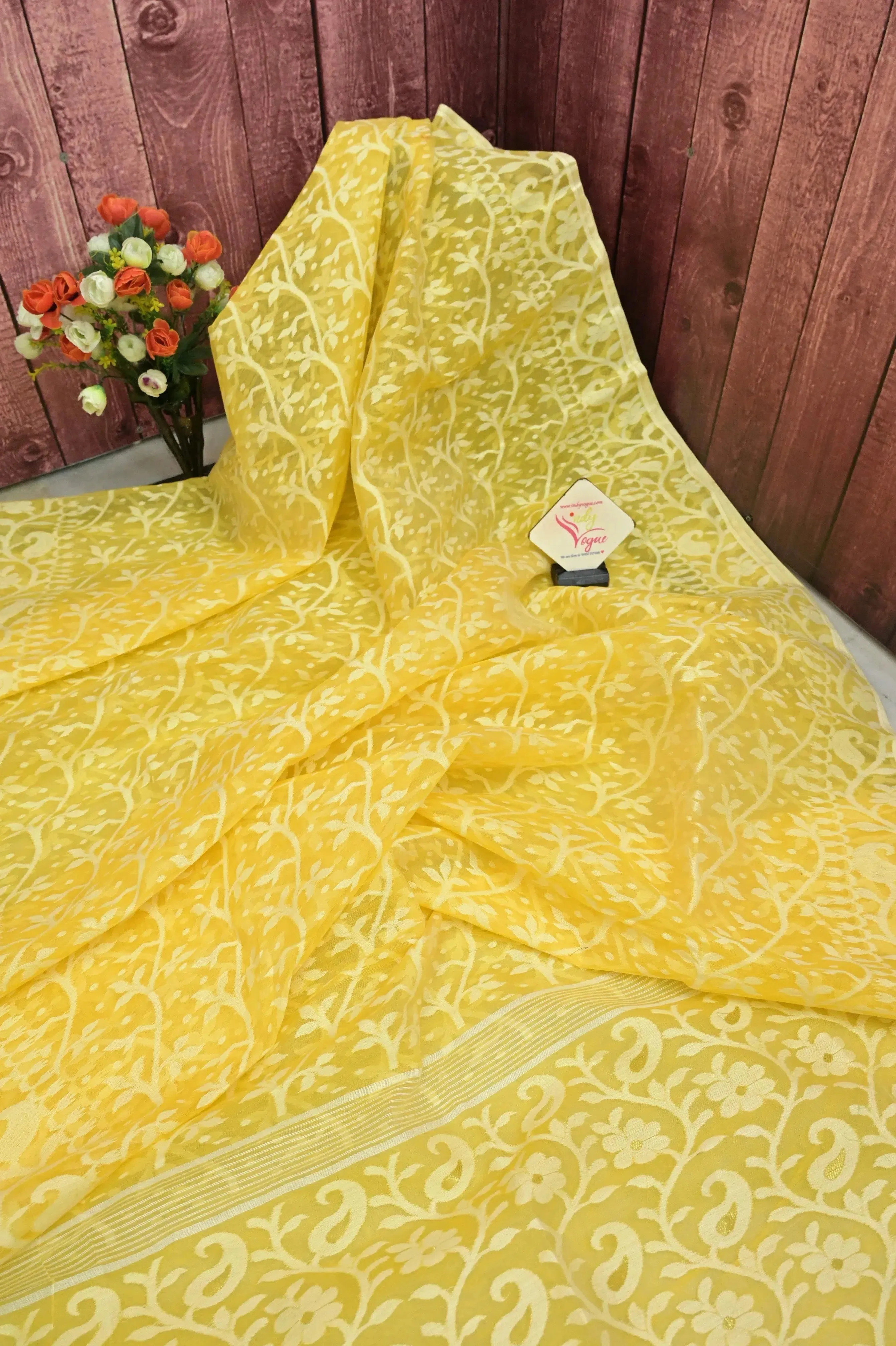 Yellow Color Jamdani Saree with Allover Jamdani Self Weaving