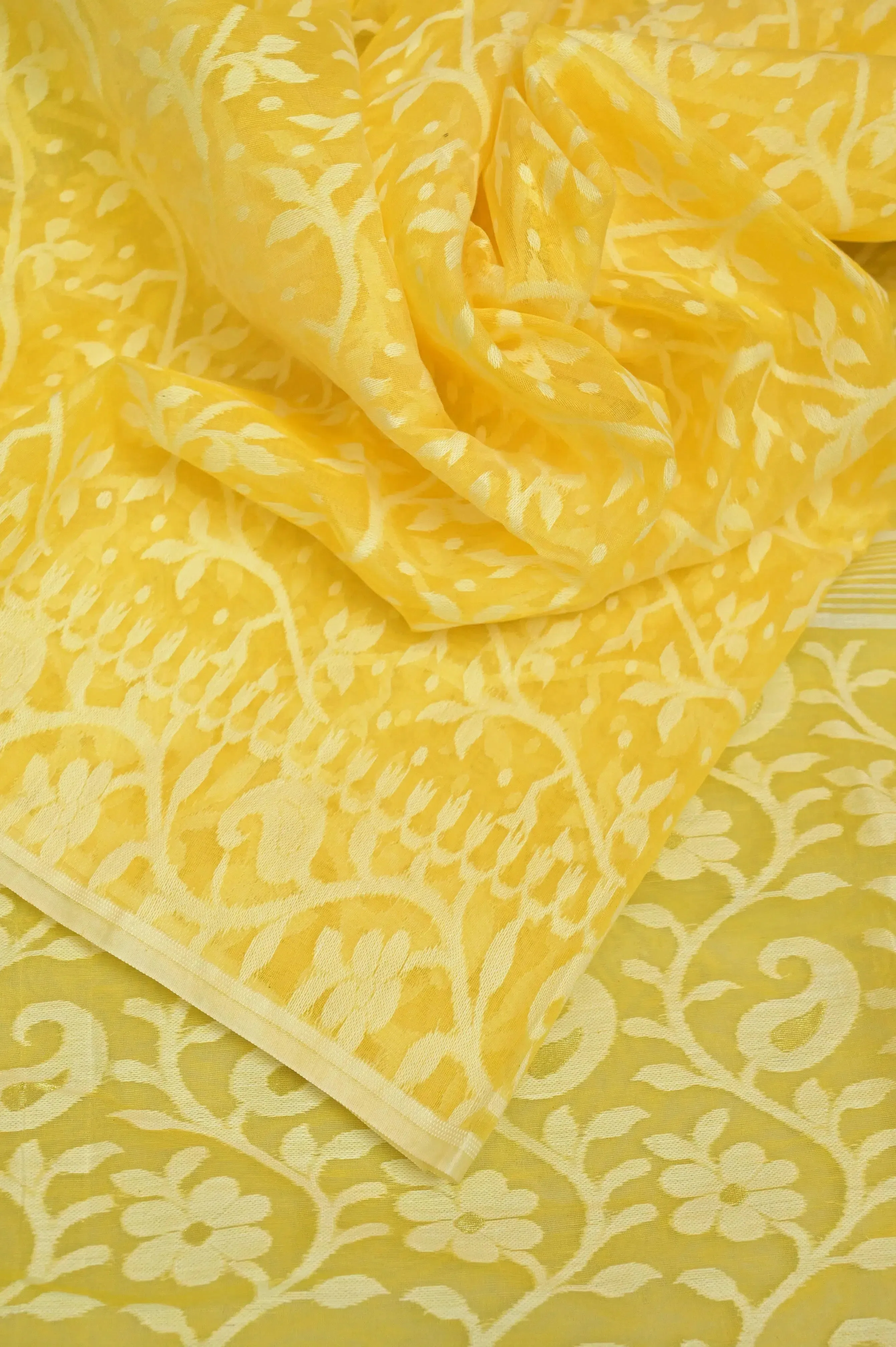 Yellow Color Jamdani Saree with Allover Jamdani Self Weaving