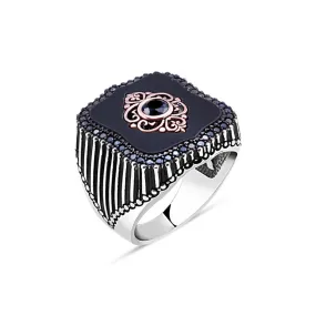 Zircons Around Black Onyx Stone with Black Zircon Eye Figure Hexagonal Silver Men's Ring Siding Stripe Pattern